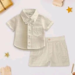 Kidbea Organic Cotton Shirt & Pant Co-ord Set for Kids | Elegant & Comfortable Summer Wear | Stylish Half Sleeve Shirt with Bow & Comfy Shorts
- 3-4 y, white & green & Rust