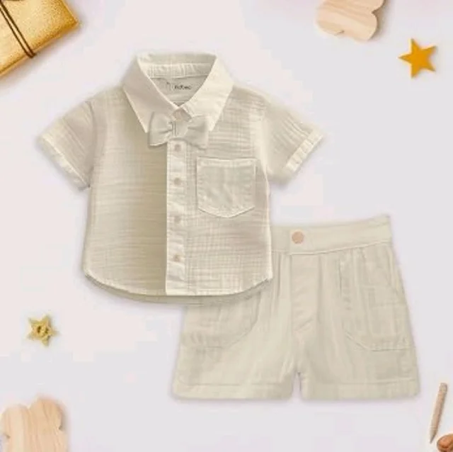 Kidbea Organic Cotton Shirt & Pant Co-ord Set for Kids | Elegant & Comfortable Summer Wear | Stylish Half Sleeve Shirt with Bow & Comfy Shorts
- 5-6 y, white & green & Rust