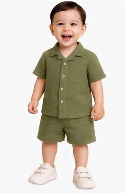 Kidbea Organic Cotton Shirt & Pant Co-ord Set for Kids | Elegant & Comfortable Summer Wear | Stylish Half Sleeve Shirt with Bow & Comfy Shorts
- 5-6 y, white & green & Rust