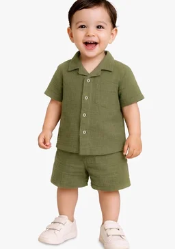 Kidbea Organic Cotton Shirt & Pant Co-ord Set for Kids | Elegant & Comfortable Summer Wear | Stylish Half Sleeve Shirt with Bow & Comfy Shorts
- 1-2 y, Rust,Off white & Green