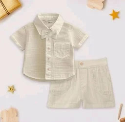 Kidbea Organic Cotton Shirt & Pant Co-ord Set for Kids | Elegant & Comfortable Summer Wear | Stylish Half Sleeve Shirt with Bow & Comfy Shorts
- 5-6 Y, Off White & Green