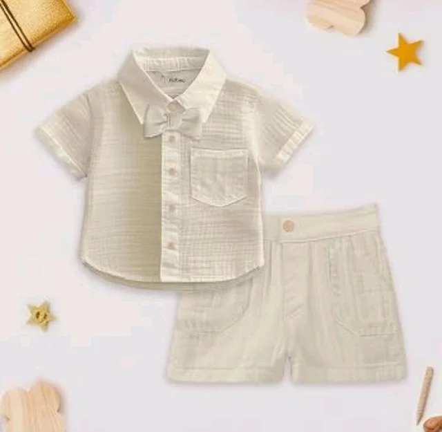 Kidbea Organic Cotton Shirt & Pant Co-ord Set for Kids | Elegant & Comfortable Summer Wear | Stylish Half Sleeve Shirt with Bow & Comfy Shorts
- 5-6 Y, Off White & Green