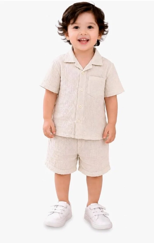 Kidbea Organic Cotton Shirt & Pant Co-ord Set for Kids | Elegant & Comfortable Summer Wear | Stylish Half Sleeve Shirt with Bow & Comfy Shorts
- 5-6 Y, Off White & Green