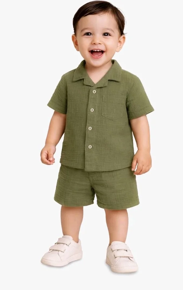 Kidbea Organic Cotton Shirt & Pant Co-ord Set for Kids | Elegant & Comfortable Summer Wear | Stylish Half Sleeve Shirt with Bow & Comfy Shorts
- 5-6 Y, Off White & Green