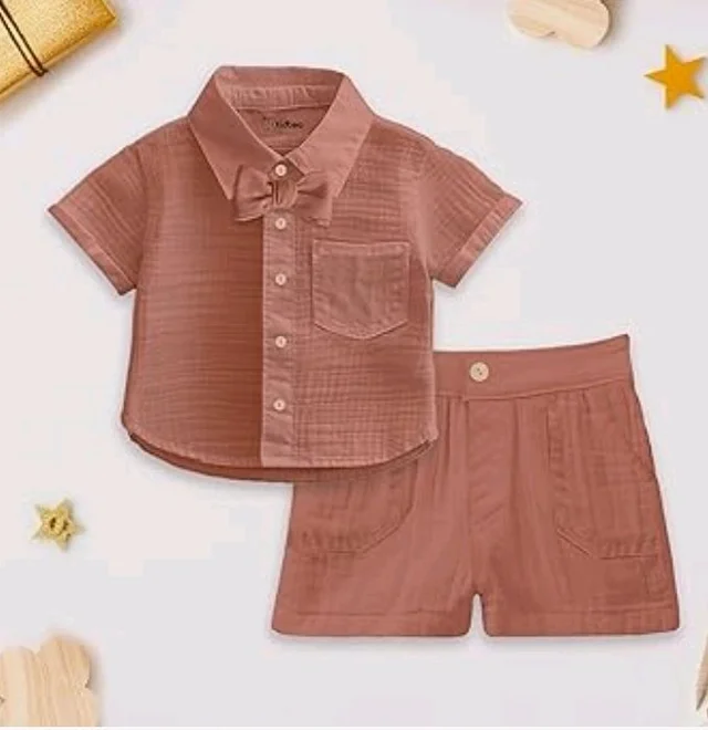Kidbea Organic Cotton Shirt & Pant Co-ord Set for Kids | Elegant & Comfortable Summer Wear | Stylish Half Sleeve Shirt with Bow & Comfy Shorts
- 1-2 y, Rust, Green & Grey
