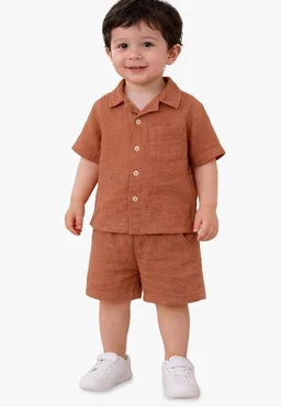 Kidbea Organic Cotton Shirt & Pant Co-ord Set for Kids | Elegant & Comfortable Summer Wear | Stylish Half Sleeve Shirt with Bow & Comfy Shorts
- 3-4 y, Rust, Green & Grey