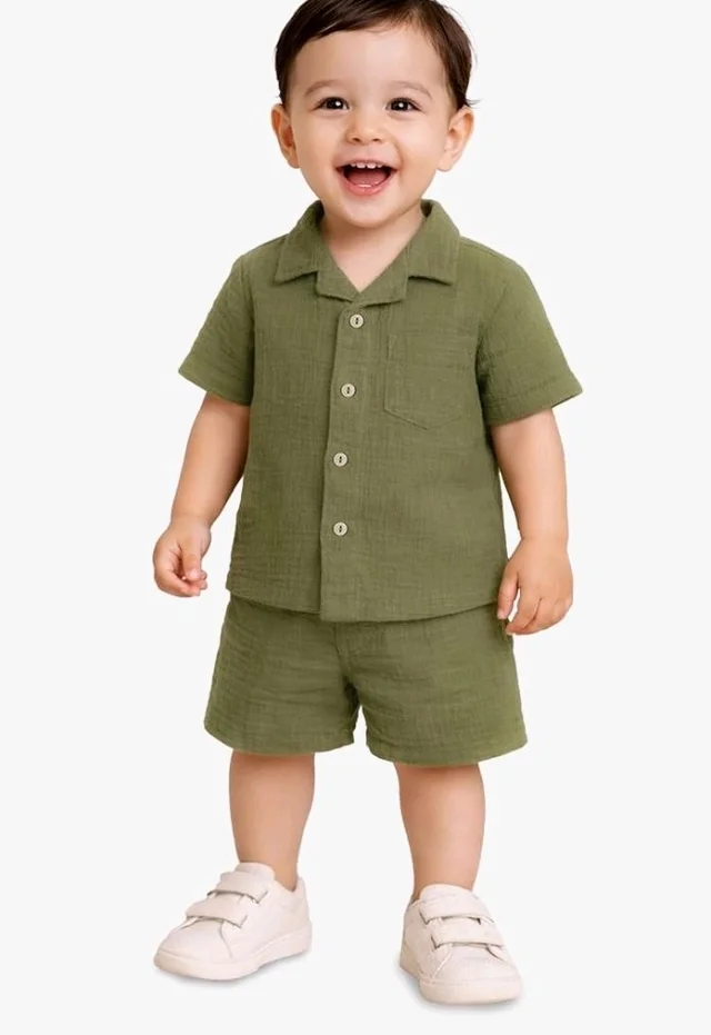 Kidbea Organic Cotton Shirt & Pant Co-ord Set for Kids | Elegant & Comfortable Summer Wear | Stylish Half Sleeve Shirt with Bow & Comfy Shorts
- 3-4 y, Rust, Green & Grey