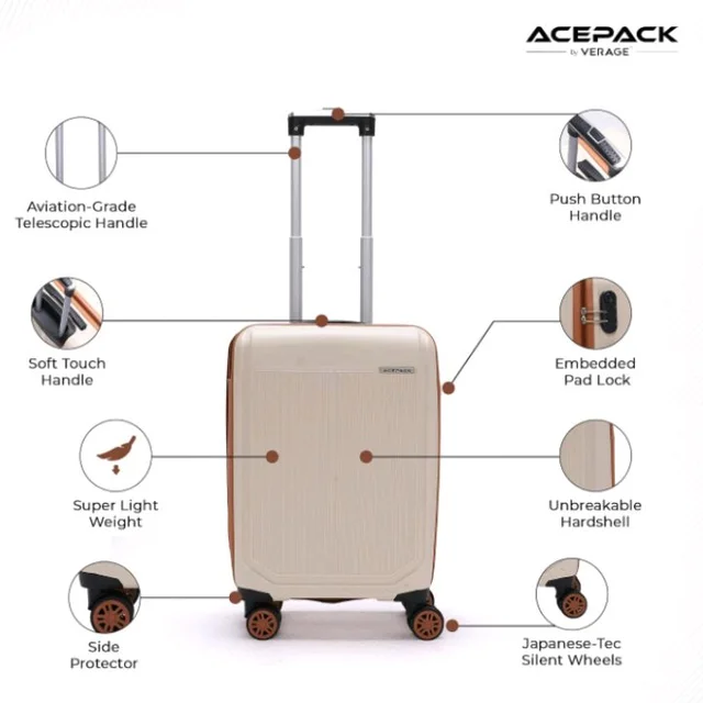 ACEPACK by Verage Megatron Pro Hard Side Polypropylene Luggage Small Cabin 41L | Lightweight Unbreakable Suitcase Set with 360° Silent Spinner Wheels, Number Lock & Telescopic Handle