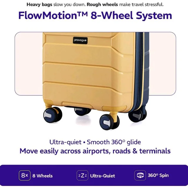 Provogue Cascade Hard-Sided PP 55 Cm Suitcase/Cabin Trolley Bag Small| Expandable Space with 8 Wheels Trolley Bags for Travel |Combination Lock|5 Year Warranty (Golden Yellow/Blue Berry)