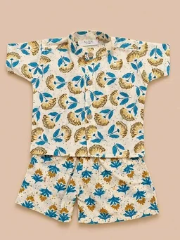 A.T.U.N. (ALL THINGS UBER NICE) Boys 100% Cotton Printed Shirt and Shorts Set | Soft Breathable Clothing Set for Kids | Coordinated Summer Outfit with Comfortable Fit | Lightweight Co-Ord Set for Boys
- 2-3 M, Cream- Blue