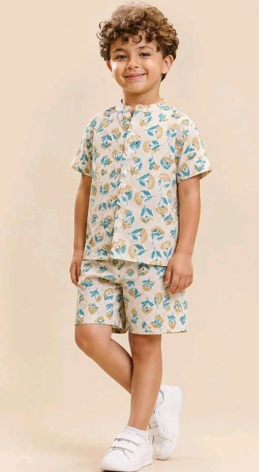 A.T.U.N. (ALL THINGS UBER NICE) Boys 100% Cotton Printed Shirt and Shorts Set | Soft Breathable Clothing Set for Kids | Coordinated Summer Outfit with Comfortable Fit | Lightweight Co-Ord Set for Boys
- 0-6 M, Cream- Blue