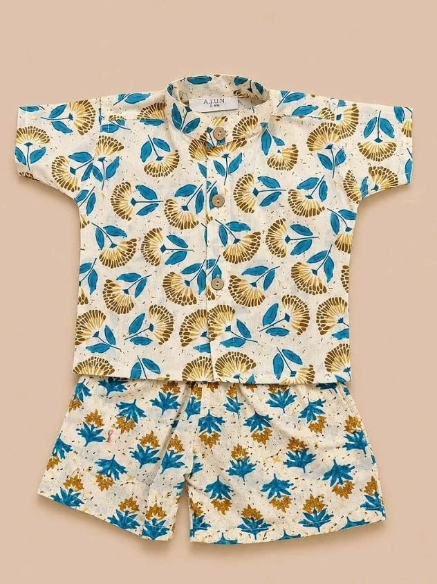 A.T.U.N. (ALL THINGS UBER NICE) Boys 100% Cotton Printed Shirt and Shorts Set | Soft Breathable Clothing Set for Kids | Coordinated Summer Outfit with Comfortable Fit | Lightweight Co-Ord Set for Boys
- 0-6 M, Cream- Blue