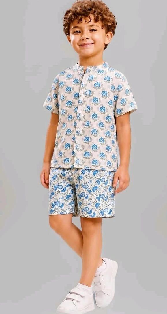 A.T.U.N. (ALL THINGS UBER NICE) Boys 100% Cotton Printed Shirt and Shorts Set | Soft Breathable Clothing Set for Kids | Coordinated Summer Outfit with Comfortable Fit | Lightweight Co-Ord Set for Boys
- 12-18 M, White-Blue