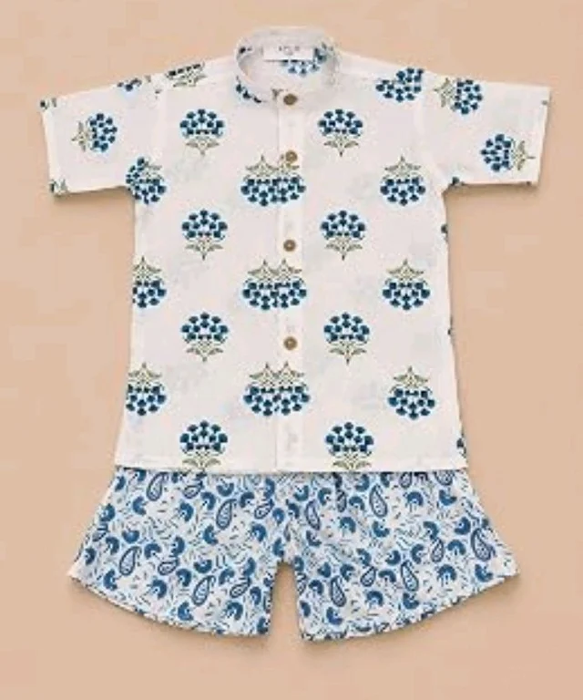 A.T.U.N. (ALL THINGS UBER NICE) Boys 100% Cotton Printed Shirt and Shorts Set | Soft Breathable Clothing Set for Kids | Coordinated Summer Outfit with Comfortable Fit | Lightweight Co-Ord Set for Boys
- 0-6 M, Blue -White