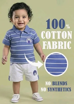 Pure Cotton Collared T-Shirt and Half Pant Set for Kids - 0-6 M, Blue