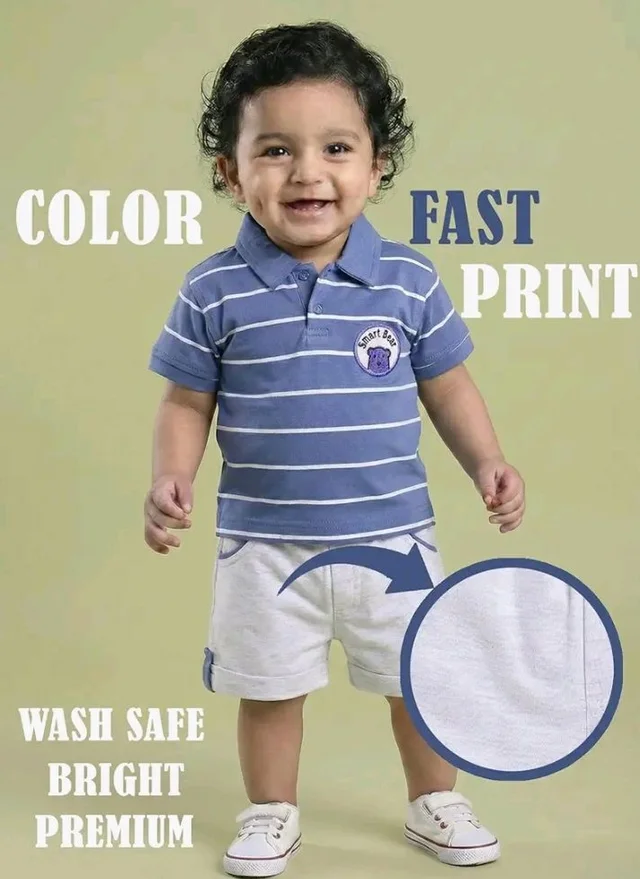 Pure Cotton Collared T-Shirt and Half Pant Set for Kids - 6-12 M, Blue