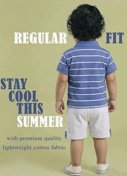 Pure Cotton Collared T-Shirt and Half Pant Set for Kids - 12-18 M, Blue