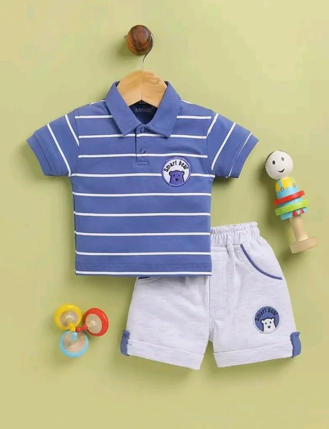 Pure Cotton Collared T-Shirt and Half Pant Set for Kids - 12-18 M, Blue