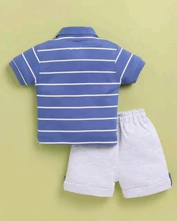 Pure Cotton Collared T-Shirt and Half Pant Set for Kids - 18-24 M, Blue