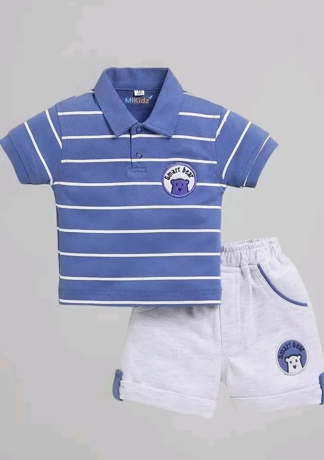 Pure Cotton Collared T-Shirt and Half Pant Set for Kids - 3-4 M, Blue