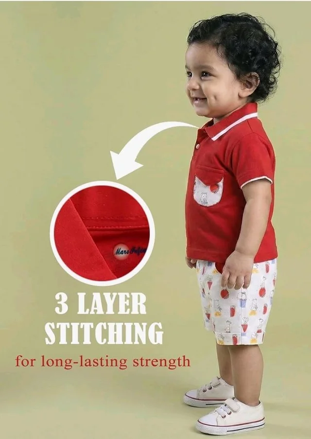 Pure Cotton Collared T-Shirt and Half Pant Set for Kids - 6-12 M, Red