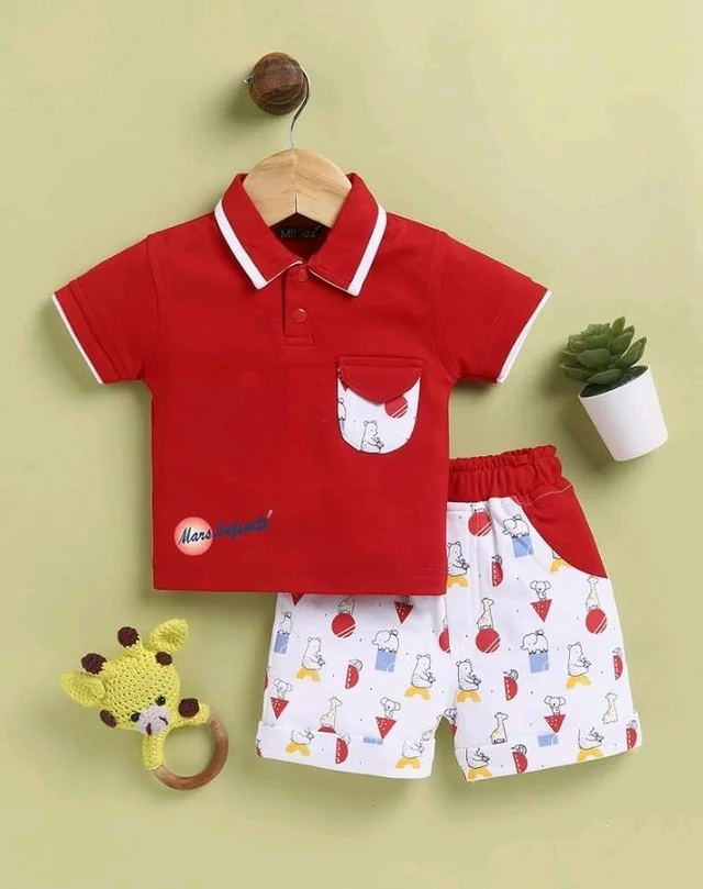 Pure Cotton Collared T-Shirt and Half Pant Set for Kids - 18-24 M, Red