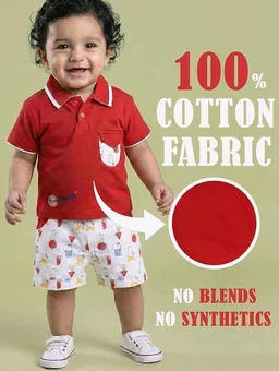 Pure Cotton Collared T-Shirt and Half Pant Set for Kids - 0-3 M, Red