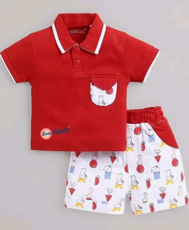 Pure Cotton Collared T-Shirt and Half Pant Set for Kids - 3-4 Y, Red