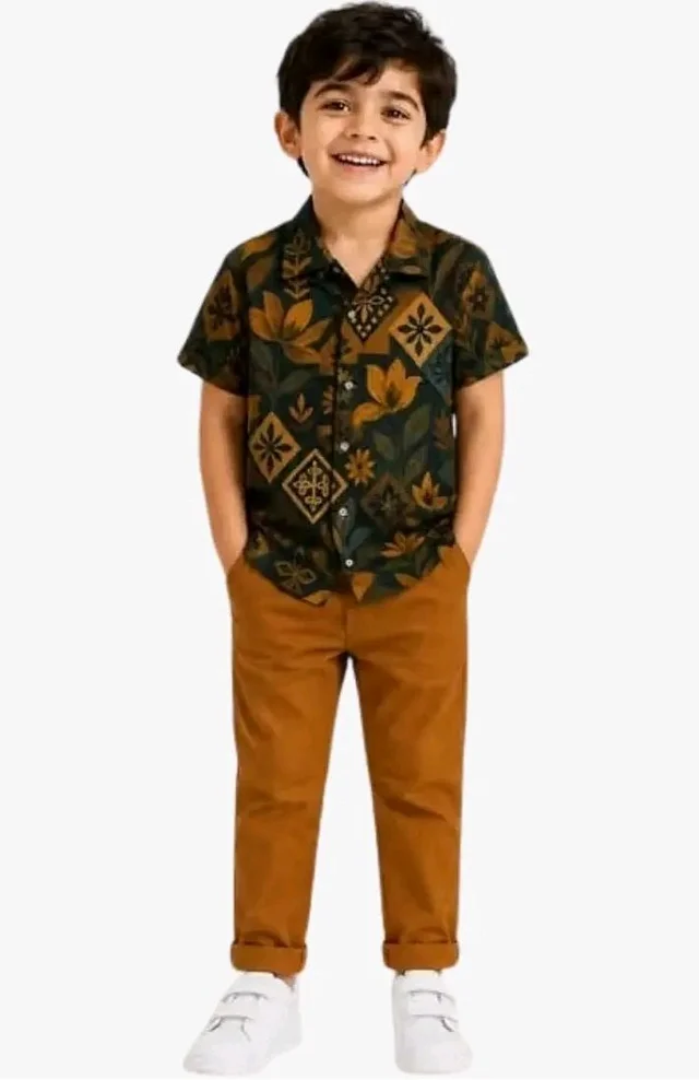 UTKARSH Kids Boys Premium Printed Shirt with Brown Pant Outfit Set | Stylish Casual Dress Set for Boys - 1-2 Y, Boy-Black -Brown