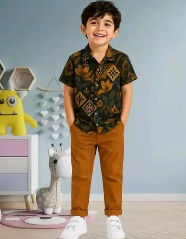 UTKARSH Kids Boys Premium Printed Shirt with Brown Pant Outfit Set | Stylish Casual Dress Set for Boys - 1-2 Y, Boy-Black -Brown