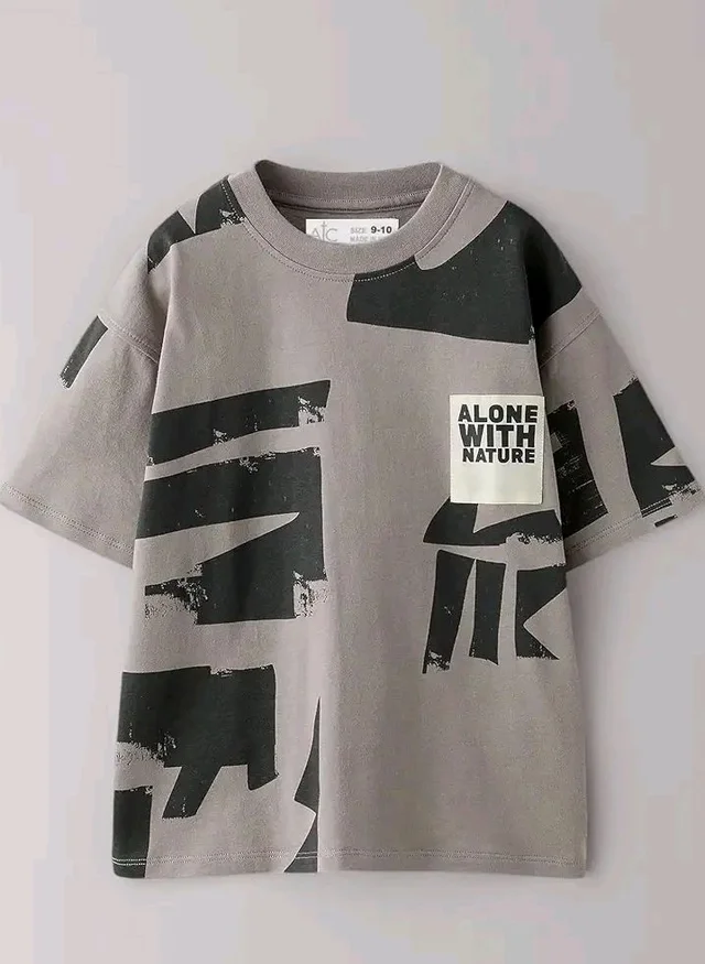 Alan Jones Clothing Boys Oversized Cotton Printed T-Shirt | Round Neck, Short Sleeves, Casual Wear - 13 - 14 Y, Anthracite Grey