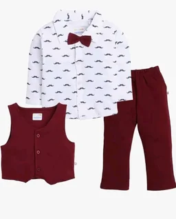 BUMZEE Boys Regular Fit Full Sleeves Collar Neck Cotton Shirt Waistcoat Pant Set with Applique Bow
- 6-12 M, Maroon & White