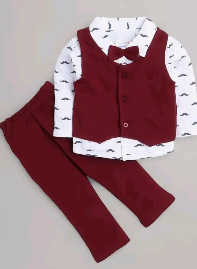 BUMZEE Boys Regular Fit Full Sleeves Collar Neck Cotton Shirt Waistcoat Pant Set with Applique Bow
- 12-18 M, Maroon & White
