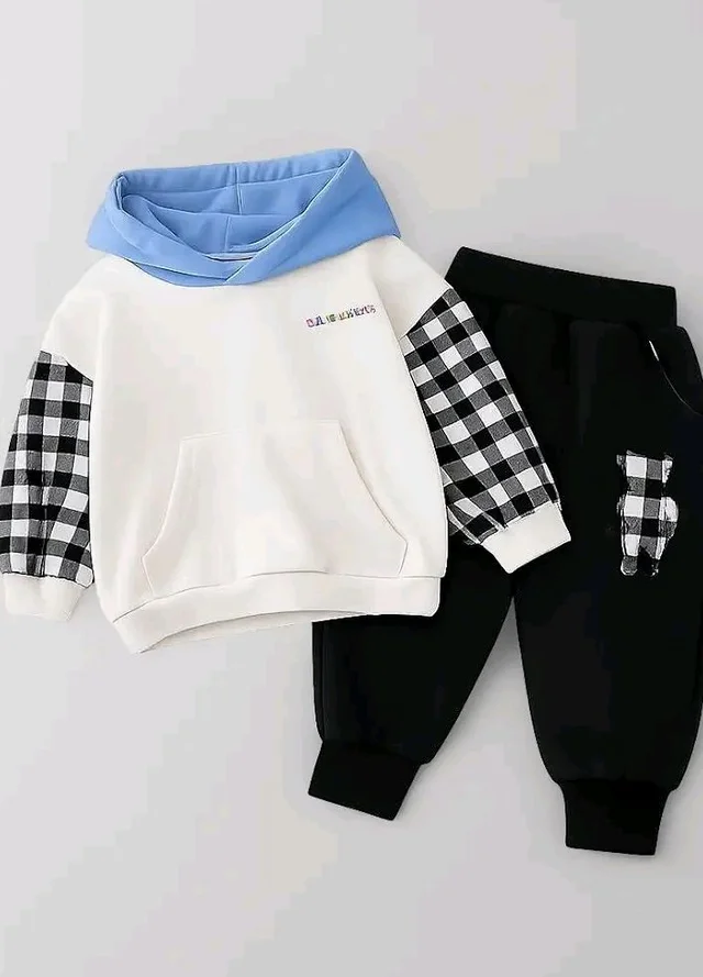 Googo Gaaga Boy's Cotton Printed Full Sleeves Hoodie Sweatshirt with Jogger Set - 12-18 M, White & Black