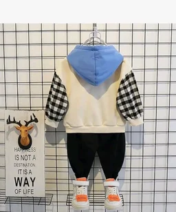 Googo Gaaga Boy's Cotton Printed Full Sleeves Hoodie Sweatshirt with Jogger Set - 18-24 M, White & Black