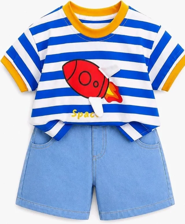 Googo Gaaga Boys Clothing Set | Boys T-Shirt and Denim Pant Set
Trendy boys clothing set with T-shirt and denim pant, designed for comfortable everyday wear, playtime and outings.
- 4-5 Y, Space With Demim short