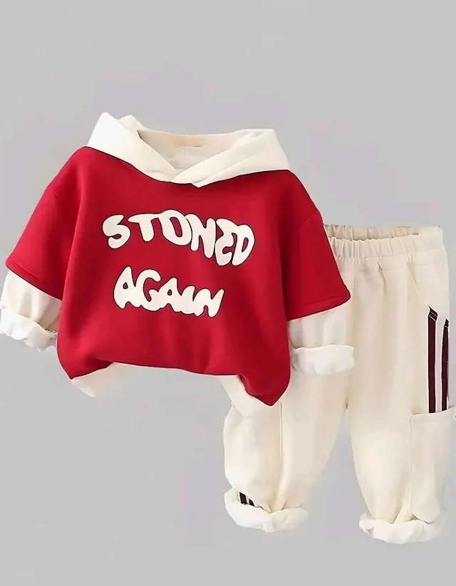 Googo Gaaga Boys Cotton Fleece Printed Hoodie Sweatshirt with Joggers in Clothing Set | Winter Fleece Fabric | Full Sleeves - 5-6 Y, Red
