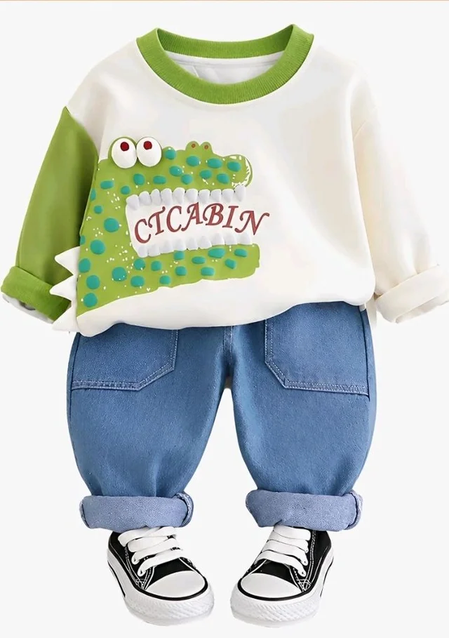 Googo Gaaga Unisex Kid Cotton Printed Clothing Set, Bubble Dino Print, Full Sleeve T-Shirt & Jogger, Soft Outfit, Casual Wear, Gift, Comfortable, Everyday Wear
- 2-3 Y, Green - White