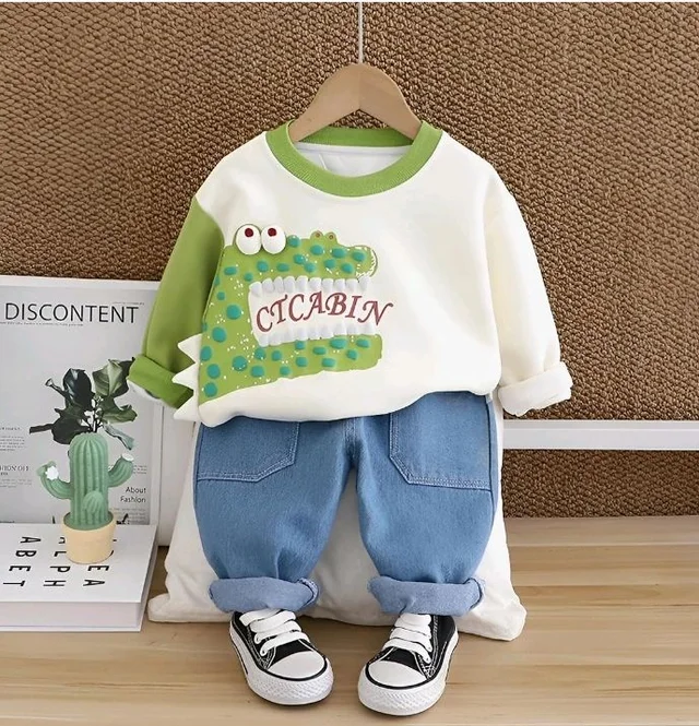 Googo Gaaga Unisex Kid Cotton Printed Clothing Set, Bubble Dino Print, Full Sleeve T-Shirt & Jogger, Soft Outfit, Casual Wear, Gift, Comfortable, Everyday Wear
- 5-6 Y, Green - White