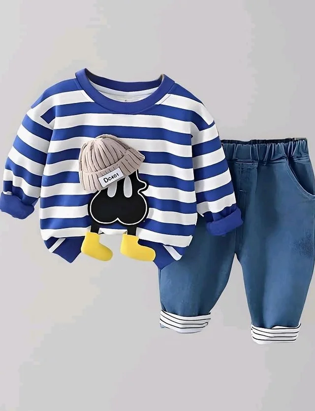 Googo Gaaga Striped SweatShirt with Denim Pant for Boys - Cotton Clothing Set for Baby Boy | Soft Fabric Full Sleeves Sweat Shirt | Regular Fit Kids Outfit | Teddy - 5-6 Y, Blue