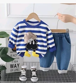 Googo Gaaga Striped SweatShirt with Denim Pant for Boys - Cotton Clothing Set for Baby Boy | Soft Fabric Full Sleeves Sweat Shirt | Regular Fit Kids Outfit | Teddy - 5-6 Y, Blue
