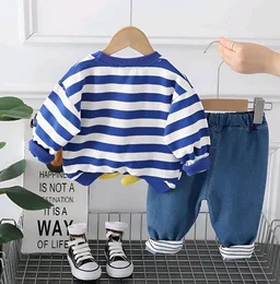 Googo Gaaga Striped SweatShirt with Denim Pant for Boys - Cotton Clothing Set for Baby Boy | Soft Fabric Full Sleeves Sweat Shirt | Regular Fit Kids Outfit | Teddy - 5-6 Y, Blue