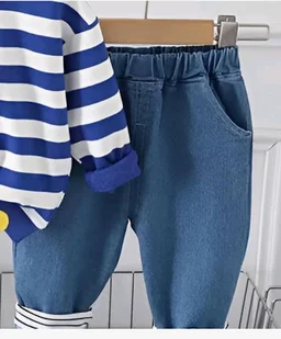 Googo Gaaga Striped SweatShirt with Denim Pant for Boys - Cotton Clothing Set for Baby Boy | Soft Fabric Full Sleeves Sweat Shirt | Regular Fit Kids Outfit | Teddy - 5-6 Y, Blue