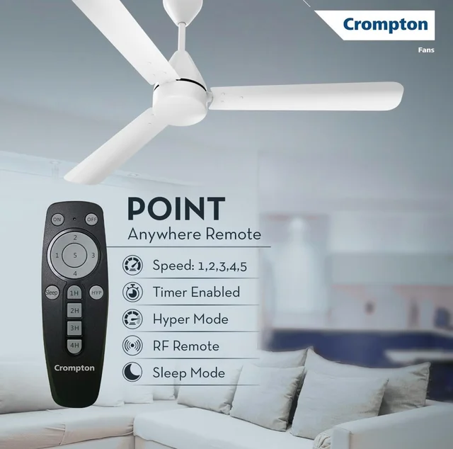 Crompton Energion Hyperjet 1200mm BLDC Ceiling Fan | Point Anywhere Remote Control | BEE 5 Star Rated Energy Efficient | Superior Air Delivery | Anti-Rust | 2 Year Manufacturer Warranty | Opal White - Opal White