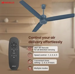 Havells FAB BLDC Ceiling Fan 1200 mm, 380 RPM, Savings upto 65%, Reverse Rotation, 4 Modes (Boost, Sleep, Breeze, Mop), Low Wattage 30 W, Low Noise, Air Flow:235 CMM, 3 Year Warranty, Denim Blue - Denim Blue