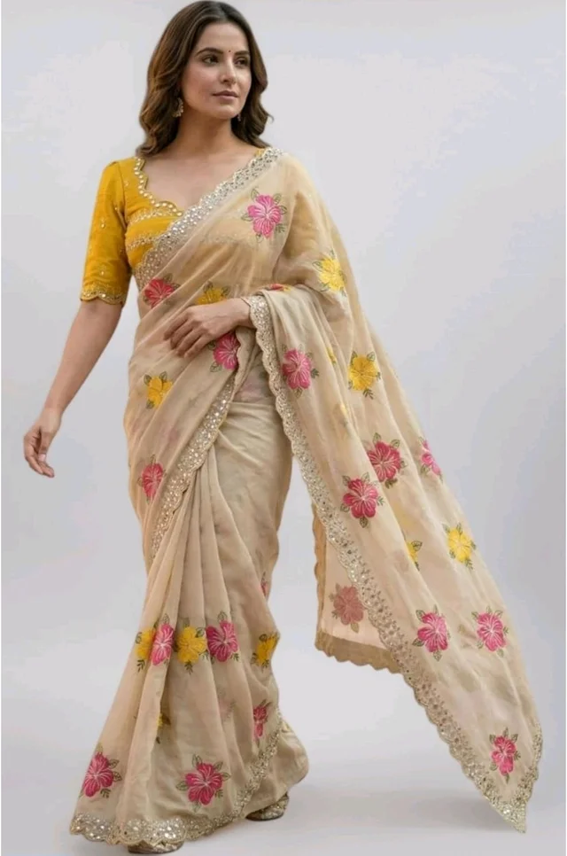 Yashika Women's Nylon Organza Saree with Blouse Piece for Traditional Ethnic Wear Sari - Chiku