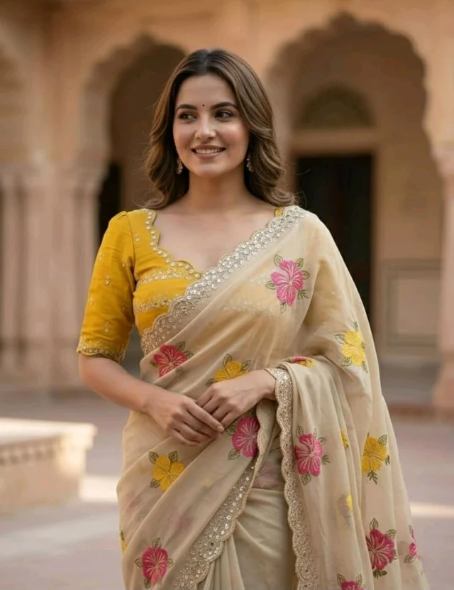 Yashika Women's Nylon Organza Saree with Blouse Piece for Traditional Ethnic Wear Sari - Chiku