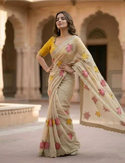 Yashika Women's Nylon Organza Saree with Blouse Piece for Traditional Ethnic Wear Sari - Chiku