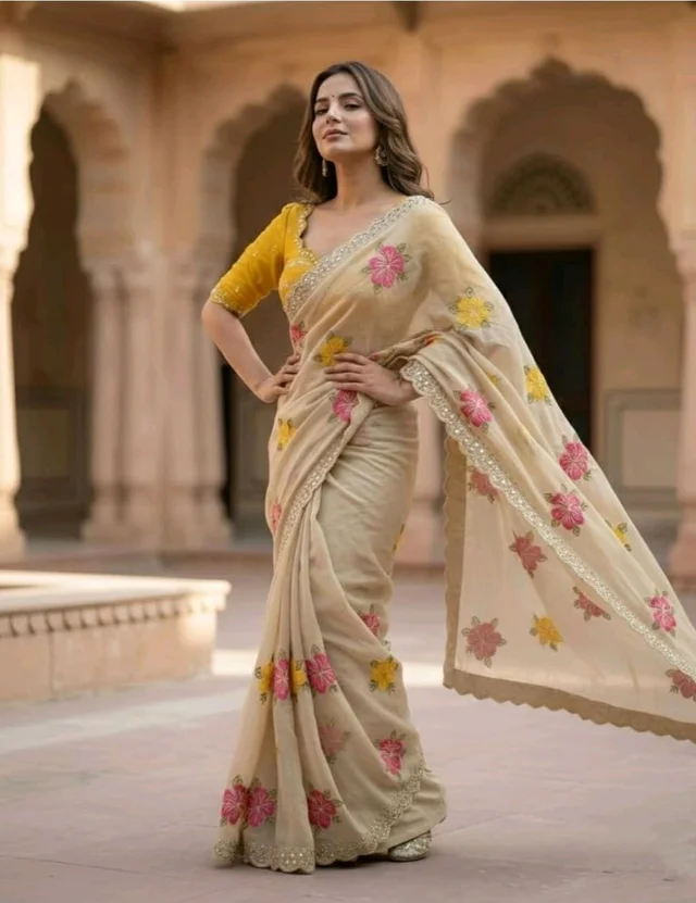 Yashika Women's Nylon Organza Saree with Blouse Piece for Traditional Ethnic Wear Sari - Chiku