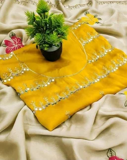 Yashika Women's Nylon Organza Saree with Blouse Piece for Traditional Ethnic Wear Sari - Chiku